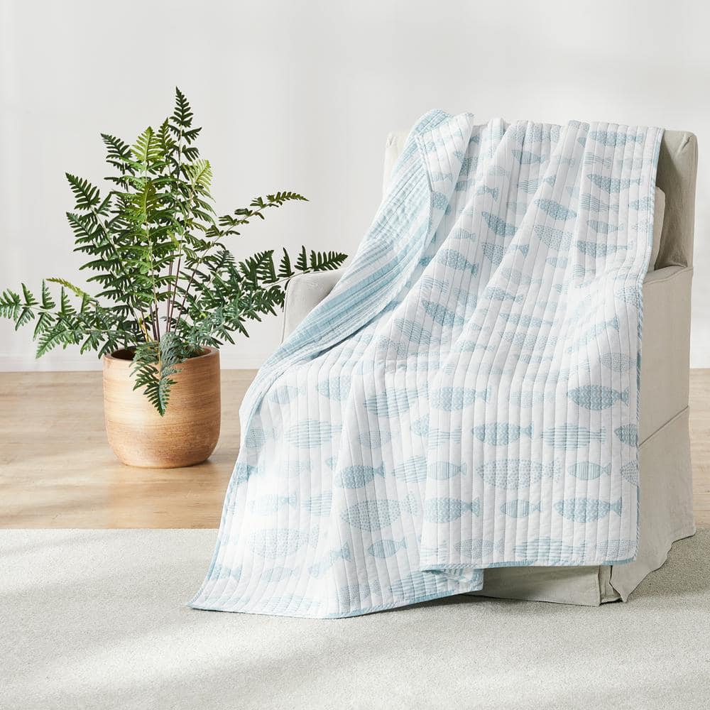 Aqua and White Cotton Reversible Quilted Throw