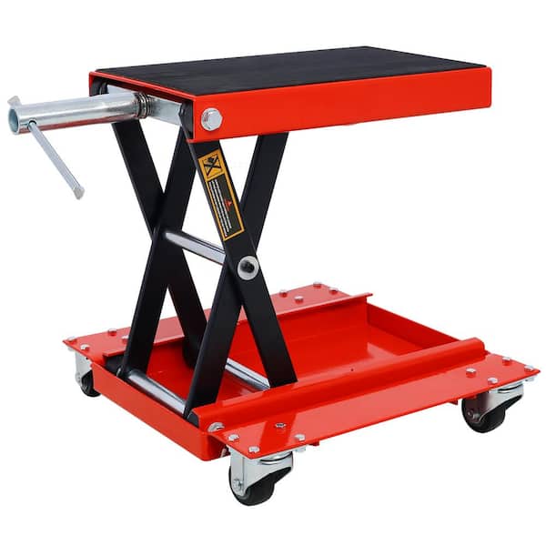 1100 lb. Motorcycle Lift with Dolly Jack, Scissor Lift Jack Wide Deck, Engine Stand, Portable Bike Rack, Red