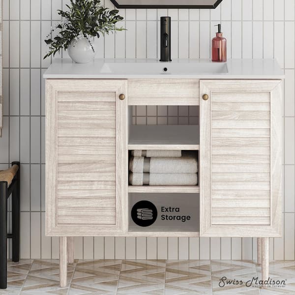 Bron 36 in. Freestanding Bathroom Vanity in White Oak with White Ceramic Sink Top