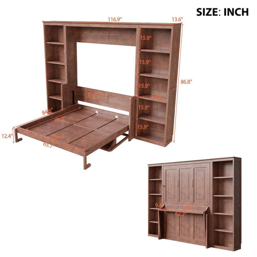 Dark Brown Wood Frame Queen Size Murphy Bed Wall Bed with Storage Bookshelves - thumbnail 2