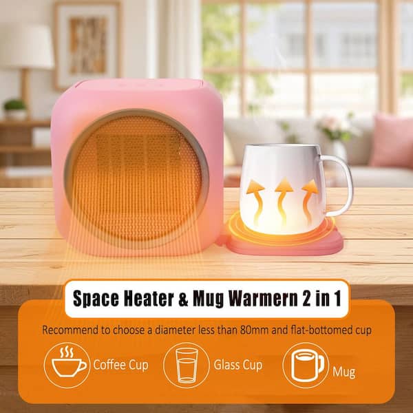 6 in. 800W 2-in-1 Space Heater and Smart Mug Warmer in Pink with 12H Auto Shut Off Desk Fan Heater