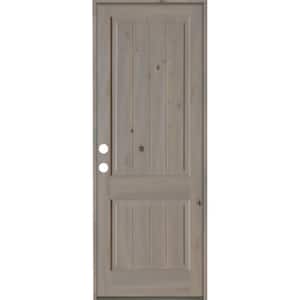36 in. x 96 in. Rustic Knotty Alder Square Top V-Grooved Right-Hand/Inswing Grey Stain Wood Prehung Front Door
