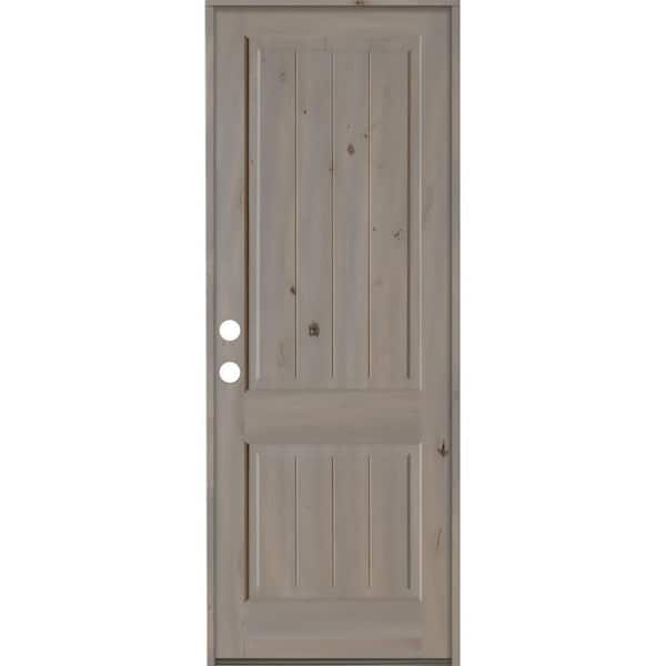 Krosswood Doors 42 in. x 96 in. Rustic Knotty Alder Square Top V-Grooved Right-Hand/Inswing Grey Stain Wood Prehung Front Door