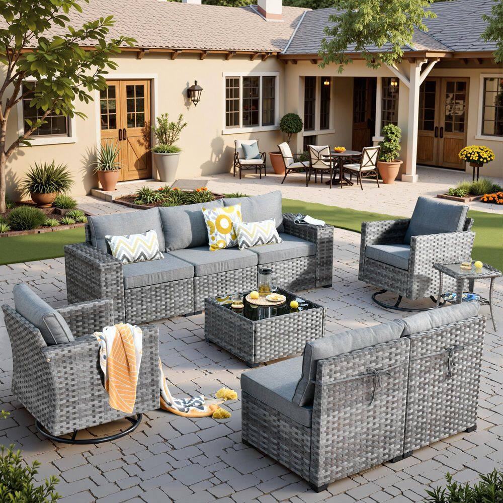 Baldwin Gray 9-Piece Wicker Wide Arm Outdoor Patio Conversation Sectional Set with Swivel Chairs and Dark Gray Cushions price history on PriceWatchPro