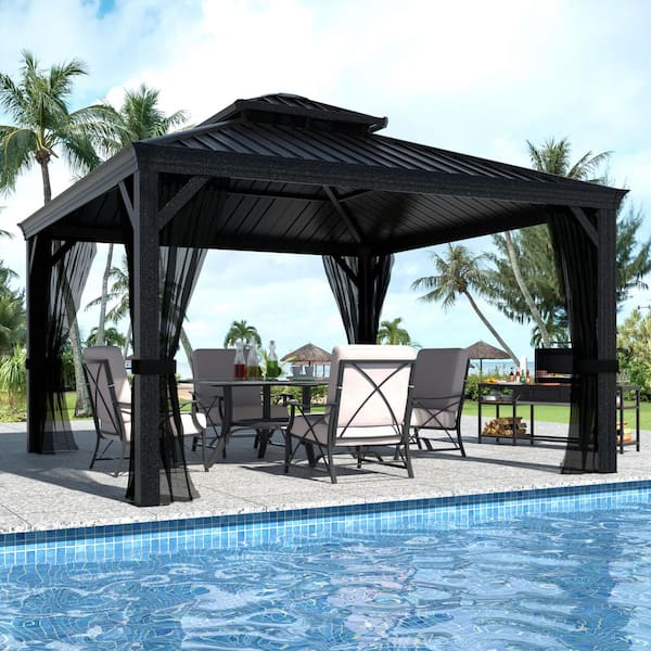 12 ft. W x 12 ft. D Aluminum Hardtop Gazebo with Galvanized Double Roof and Textilene Netting