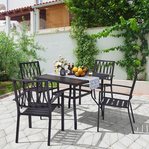 Nuu Garden 5-Piece Outdoor Dining Set with Umbrella Hole Patio Furniture Set with Stackable Armchairs and Square Table in Black