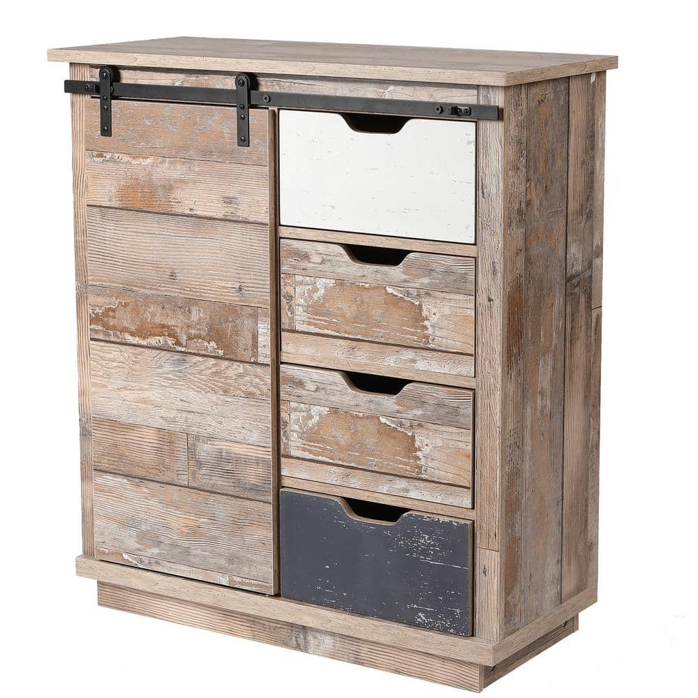 Rustic Brown Wood Sliding Door Cabinet with Adjustable Shelves