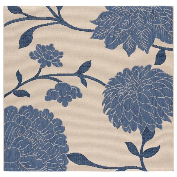 Courtyard Beige/Blue 5 ft. x 5 ft. Floral Scroll Indoor/Outdoor Square Area Rug