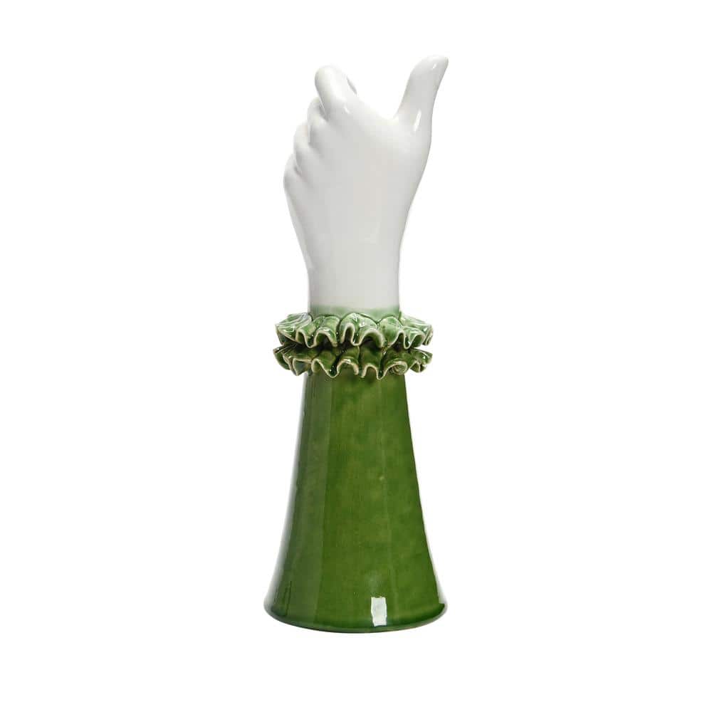 Green and White Ceramic Hand Vase with Ruffled Sleeve