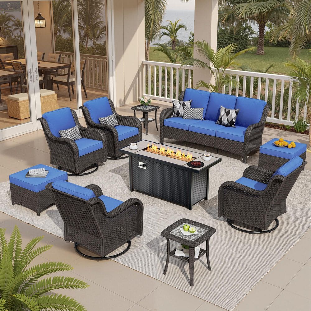 Garnet 10-Piece Wicker Outdoor Fire Pit Patio Conversation Sofa Set with Swivel Rocking Chairs and Navy Blue Cushions price history on PriceWatchPro