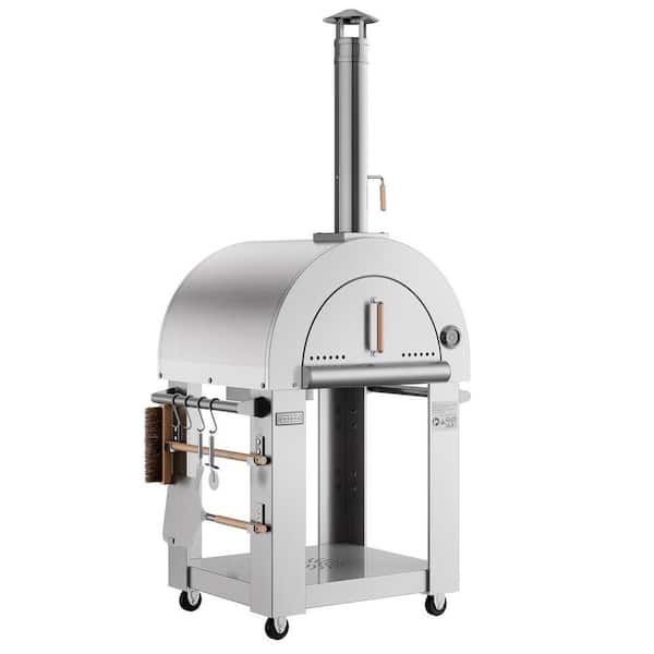 Portable Wood Burning Pizza Oven with Wheels, Stainless Steel Shelf, Shovel, Cutter and Accessories