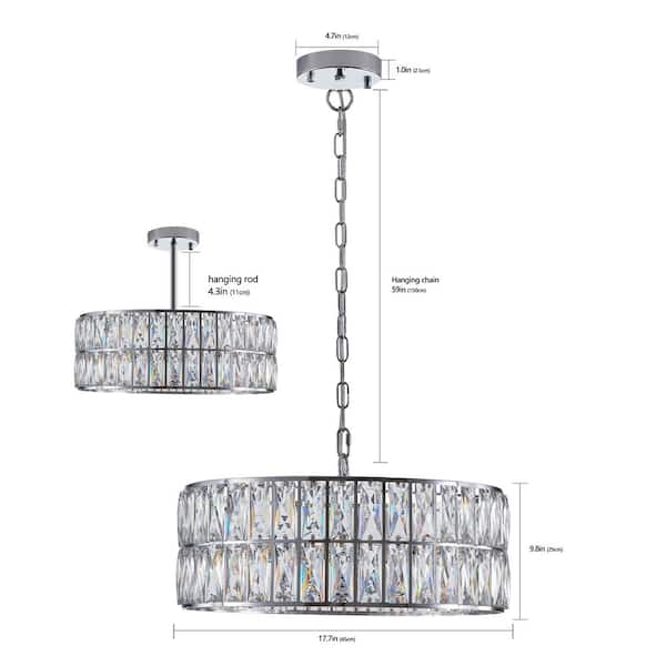 6-Lights Silver Crystal Chandelier Modern Hanging Lighting Fixture Pendant with 59 in. Chain, E12, No Bulbs Included