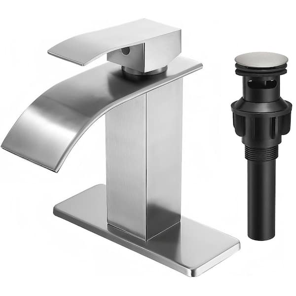 MTTCLE Single Handle Waterfall Spout Single Hole Bathroom Faucet with Deckplate Included and Drain in Brushed Nickel