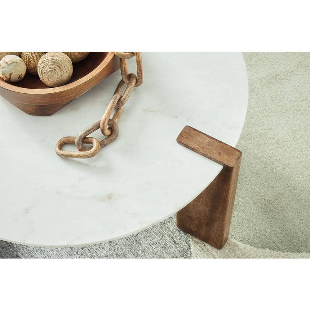 Round White Marble Top Coffee Table with Brown Wood Base
