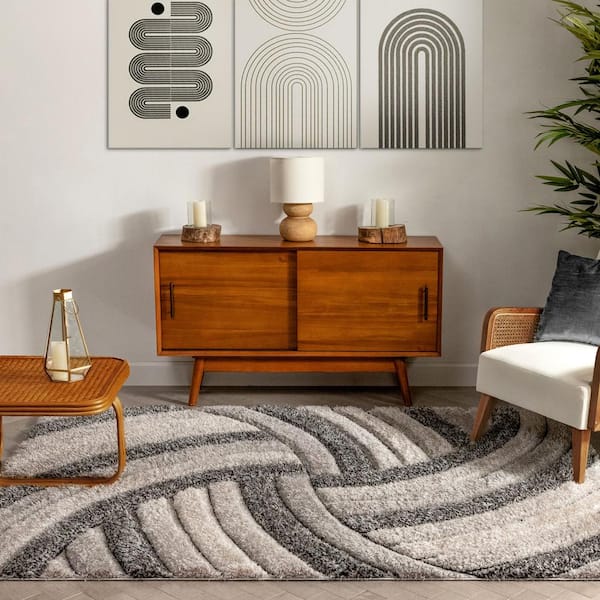 San Francisco Ucci Grey Modern Geometric Stripes 5 ft. 3 in. x 7 ft. 3 in. 3D Carved Shag Area Rug