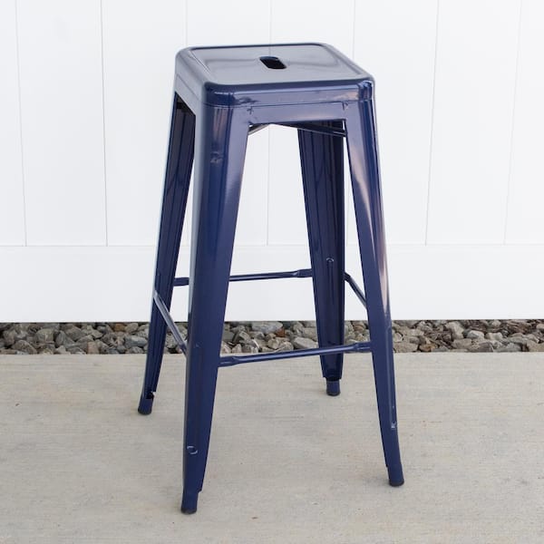 30 in. Blue Metal, Backless, Stackable Bar Stool (Set of 2)