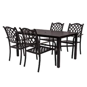 Dark Brown 5-Piece Aluminum Patio Dining Set With Umbrella Hole With Powder Coat Paint Finish, Seating for 4