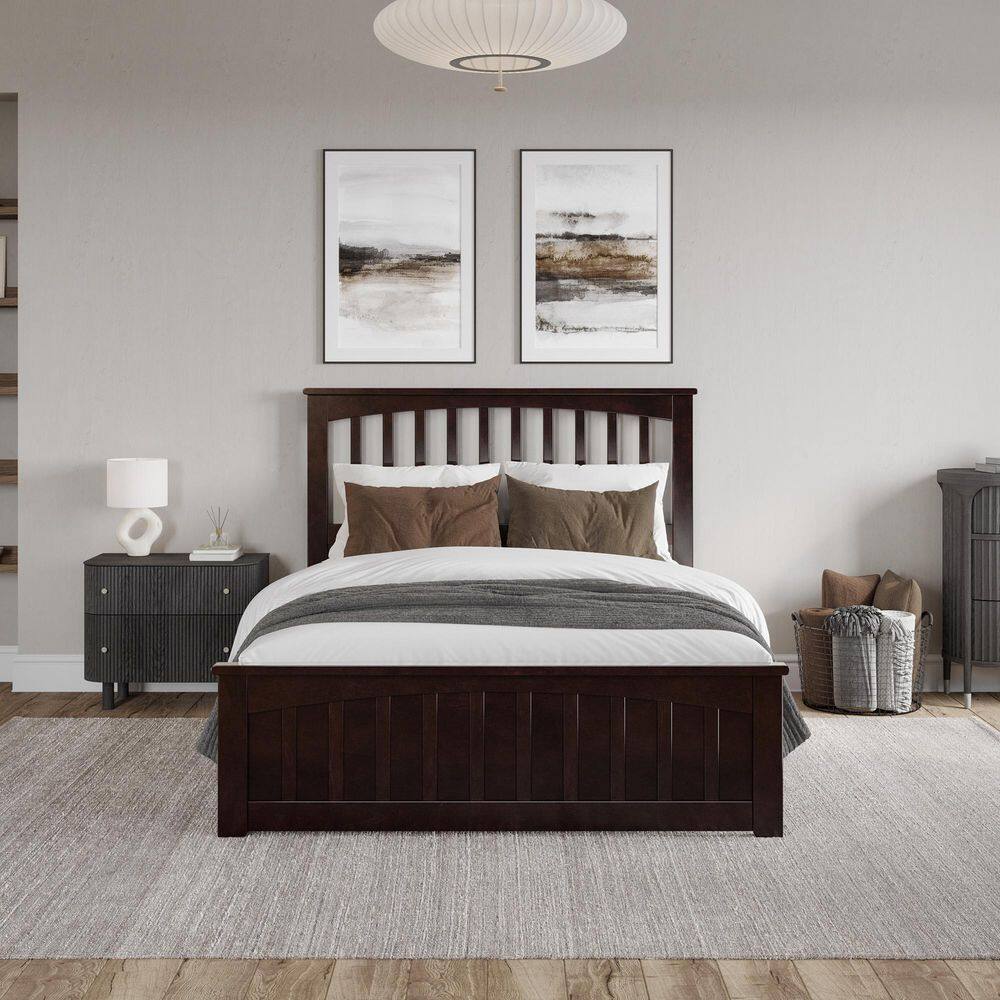 Espresso Full Wood Platform Bed with Slatted Headboard and Footboard