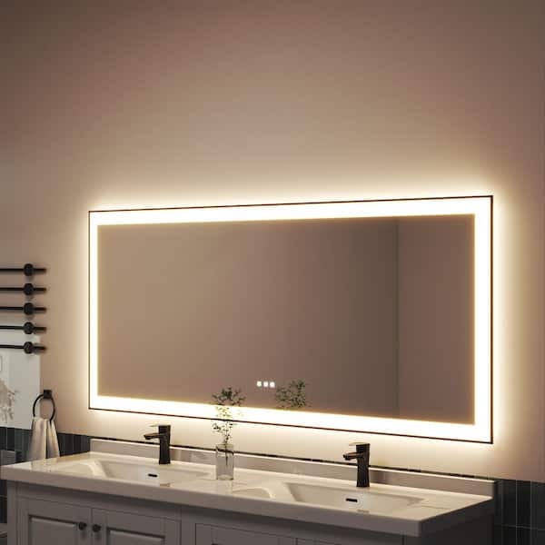 72 in. W x 32 in. H Black Rectangular Framed LED Anti-Fog Wall Bathroom Vanity Mirror with Backlit and Front Light