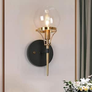 Capensis Mid-Century Modern 4.7 in 1-Light Brass and Black Sconce with Clear Globe Glass Shade