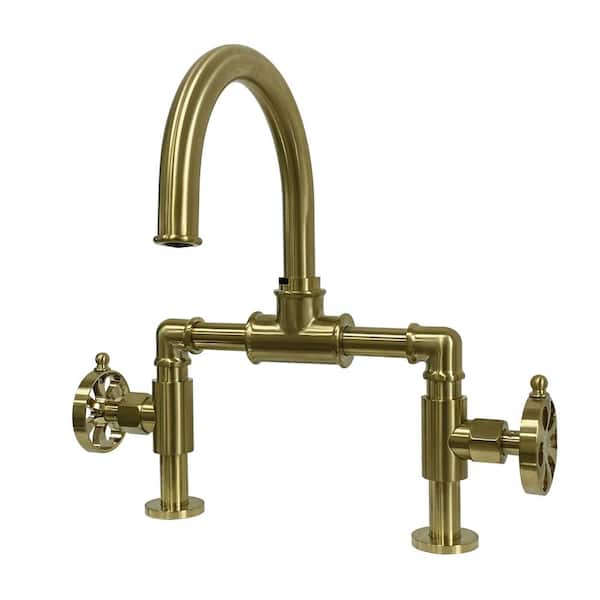 Kingston Brass Industrial Wheel Bridge 8 in. Widespread 2-Handle Bathroom Faucet in Brushed Brass