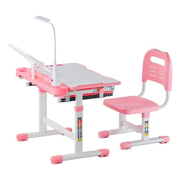 Kids Study Chair and Desk Set, Study Desk and Chair for Kids with Table Lamp, Adjustable Height, Study Table, Pink