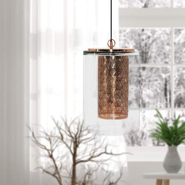 Madison Ave 1-Light Copper Hanging Pendant with Glass and Metal Shade