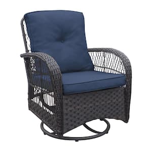 Classic Wicker 3-Piece Metal Outdoor Bistro Set with Clear Glass Table and Cushions Blue