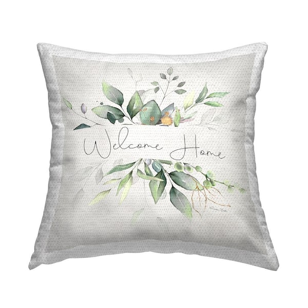 Stupell Industries Welcome Phrase Botanical Sprigs Beige Square Outdoor Throw Pillow