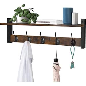 24 in. W x 4.52 in. D Rustic Brown Decorative Wall Shelf, Coat Rack with Shelf and Hooks