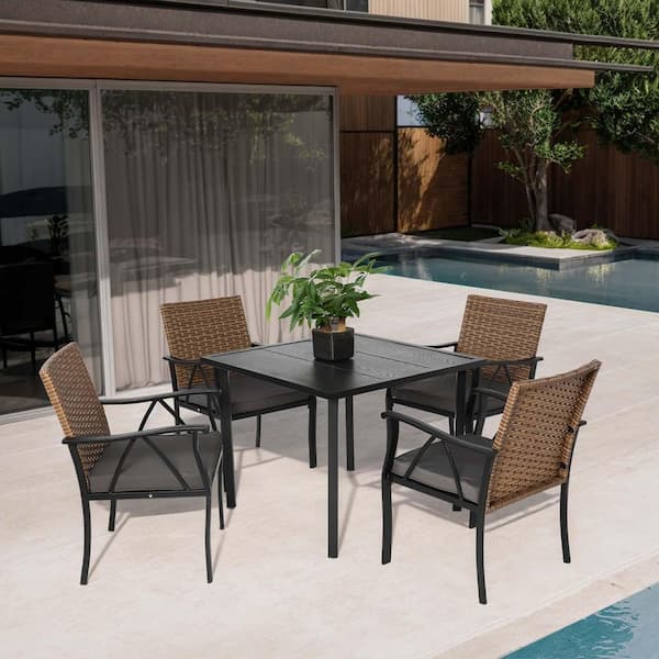 Unbranded 5-Piece Metal Outdoor Dining Set Patio Dining Furniture with Square Table Patio Chairs and Dark Gray Cushions