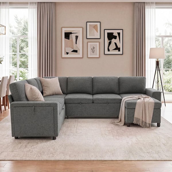 86.22 in. Chenille U-Shaped Sectional Sofa with Storage, USB Charger and Cup Holders in Grey