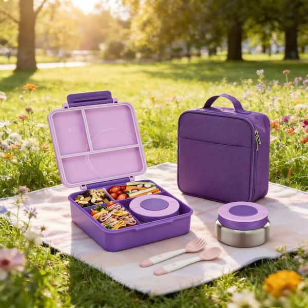 Durable Reusable Lunch Bag - Stainless Steel Kids Bento & Thermal Food Jar Set, Kids Thermo Hot Food Jar in Purple