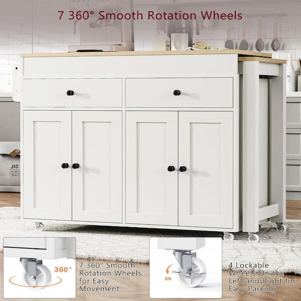 Oasis White Wood 74.5 in. Kitchen Island with Extendable Dining Table , Rolling Kitchen Island on Wheels