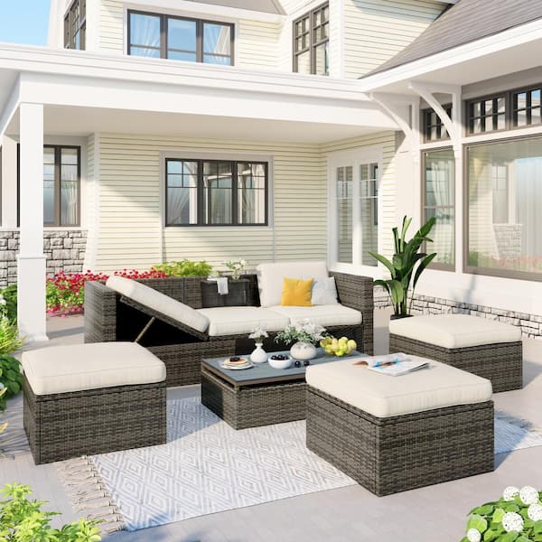Xzkai 5-Piece Wicker Patio Conversation Set with Beige Cushions with Adustable Backrest and Lift Top Coffee Table