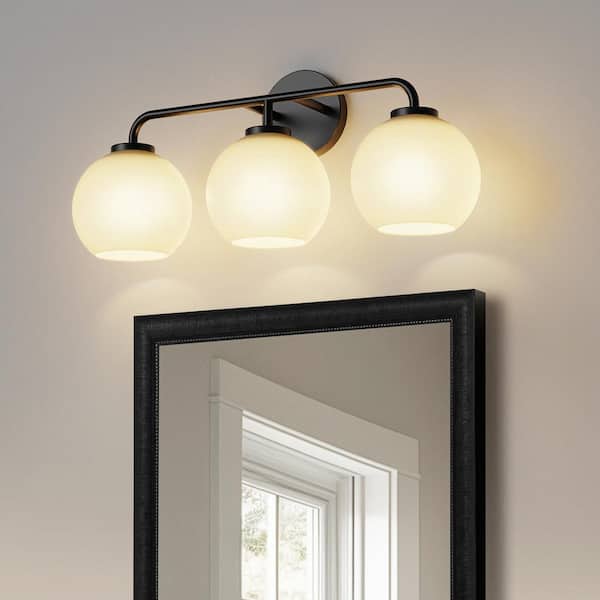 YANSUN 23 in. 3-Light Black Vanity Light with Globe Milk White Glass Shades for Bathroom, Living Room, Entryway
