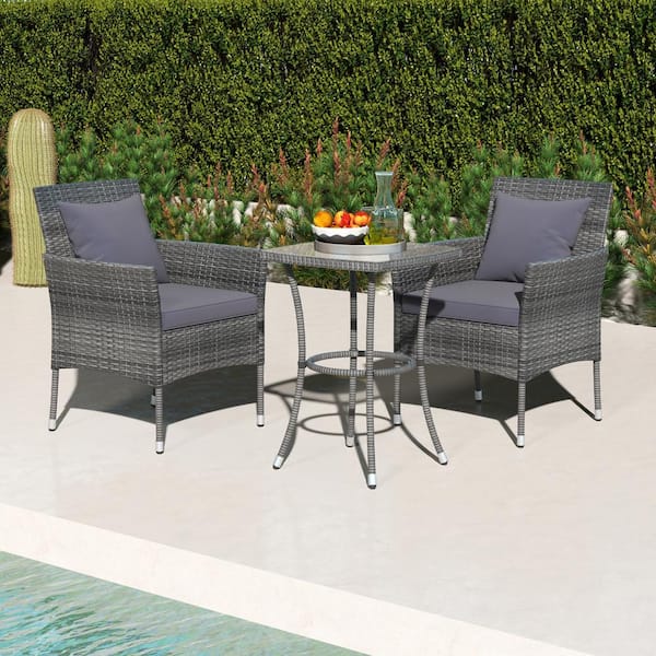 ANGELES HOME 3-Piece Wicker Patio Conversation Set with Gray Cushions Patio Chairs and Tempered Glass Coffee Table