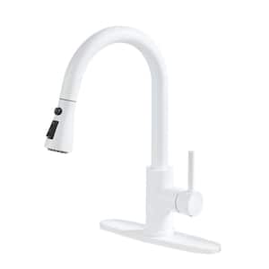 Single Handle 3-Spray Patterns Pull Down Sprayer Kitchen Faucet with Deck Plate and Water Supply Hoses in Matte White
