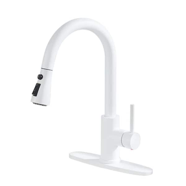 Boyel Living Single Handle 3-Spray Patterns Pull Down Sprayer Kitchen Faucet with Deck Plate and Water Supply Hoses in Matte White