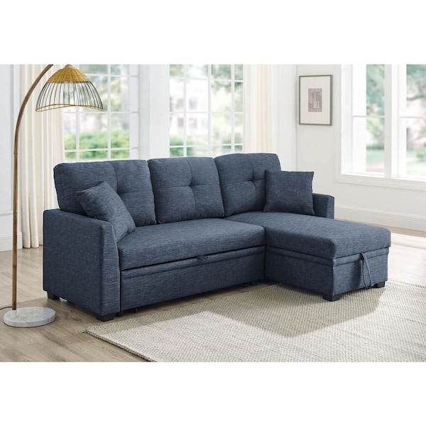 Quinlan 76.5 in. Linen Blend Convertible Sectional Sofa Bed in Dark Blue with Storage Chaise, Pull-Out Bed
