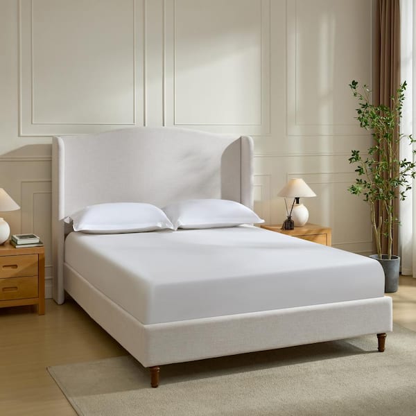 Noble House Verrano Modern Ivory White Chenille Upholstered Metal Frame Queen Size Platform Bed with Wingback Headboard