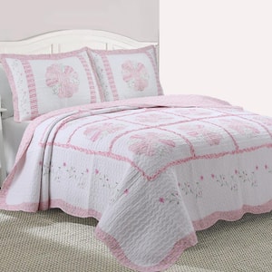 Pink Perfection Camellia Floral Vine 3-Piece Embroidered Ruffle Scalloped Cotton Queen Quilt Bedding Set