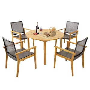 5-Pieces Patio Dining Set Round Acacia Wood Table 4 Wicker Armchairs Outdoor Garden