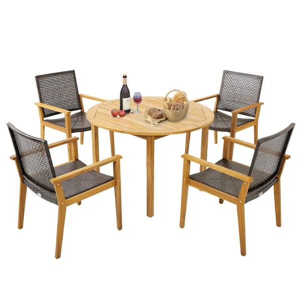 Gymax 5-Pieces Patio Dining Set Round Acacia Wood Table 4 Wicker Armchairs Outdoor Garden