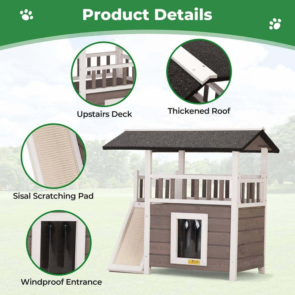 Medium Gray and White Wooden Outdoor Cat House with Balcony