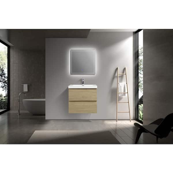 24 in. W Floating Single Sink Bath Vanity in Natural Oak with Resin Gloss White Top