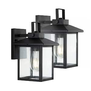 6.75 in. Bungalow Black Outdoor 1-Light Iron/Seeded Glass Rustic Traditional LED Wall Lantern Sconce (Set of 2)