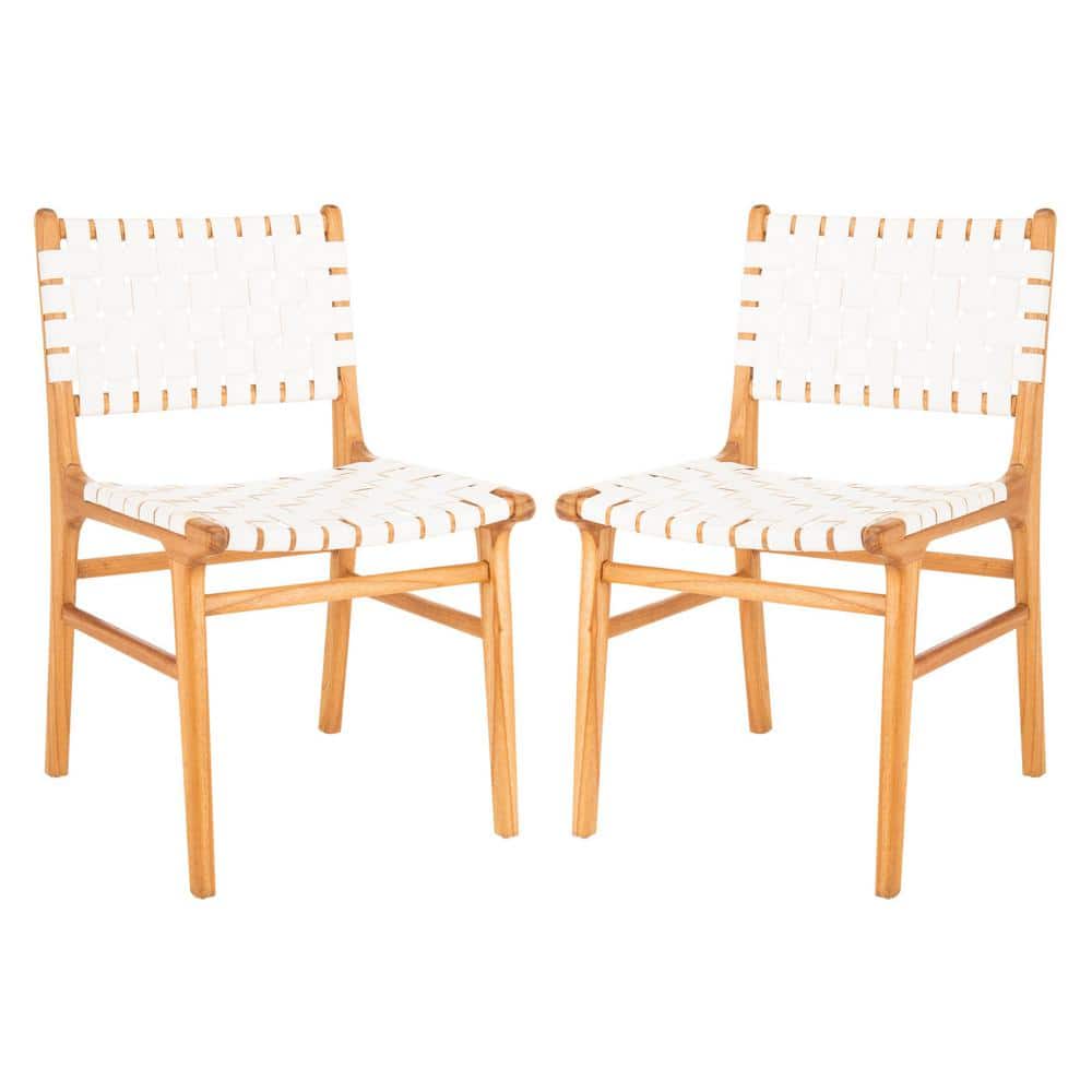 Taika White and Natural Woven Leather Dining Chair Set