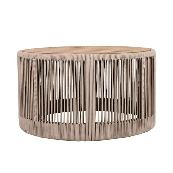 Unbranded Outdoor Rattan rope and Acacia Wood Coffee Table Garden Stool-Patio Balcony Furniture for Garden, Yard, Balcony