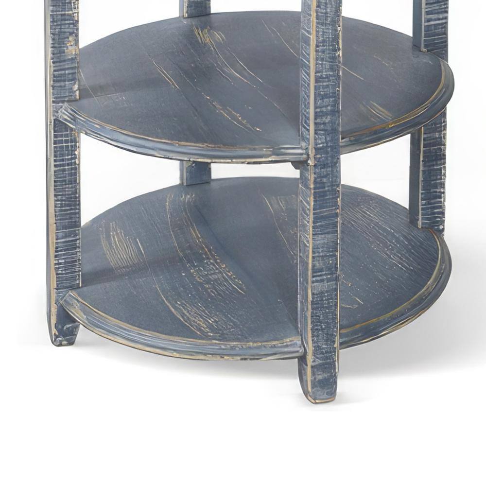 Distressed Blue Mahogany Round Side Table with Scalloped Trim